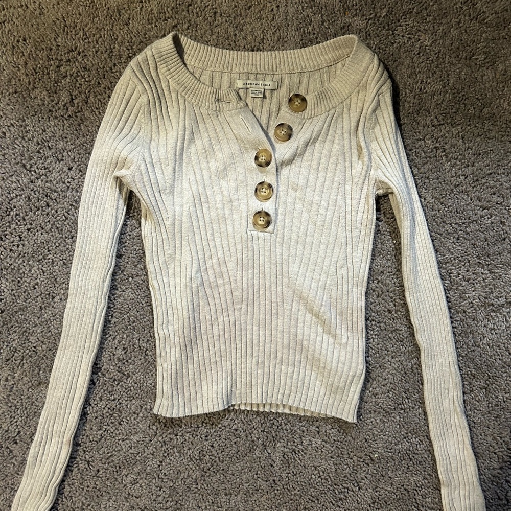 Ribbed Cream Sweater with Button Detail